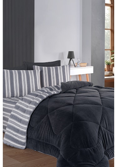 Comfort Set Yeni Nesil Wellsoft Yorganlı 3 Parça Çift Kişilik Soft Line Antrasit Antrasit