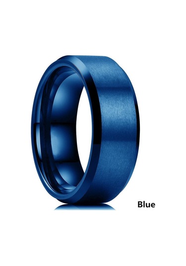 Mavi Klasik Takı Aksesuarları 8mm Paslanmaz Çelik Erkek Yüzük Erkekler İçin Fırçalanmış Yüzey Eğimli Kenar Yüzükler 13 Mavi