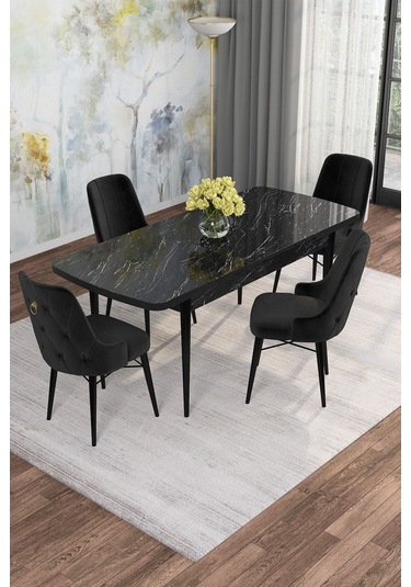 Mona Siyah Mermer 80x132 Açılabilir Mdf Masa Yemek Odası Takımı, Mutfak Takımı 4 Adet Sandalye Siyah Mermer - 4 Siyah - Siyah Ayak