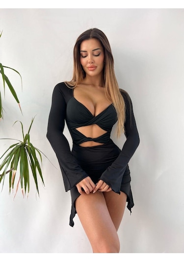 Flare Kollu Seksi Bodycon Siyah Mini Elbise Siyah
