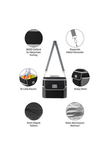 Best Çanta Pro+ 10 Litre Termos Piknik Çantası Yalıtımlı Termal Soğutucu Buzluk Çanta Siyah