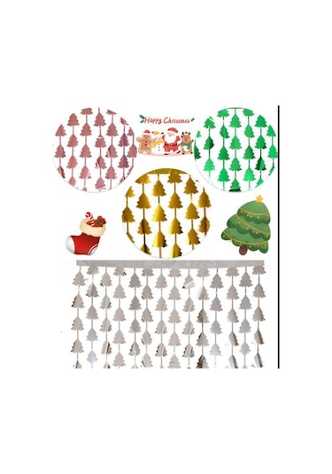 Noel Ağacı Metalik Simli Perde - Altın - 1m 2m, Parlak Püsküller, Folyo Püsküllü Perdeler, Parlak Kapılar Ve Pencereler Diğer