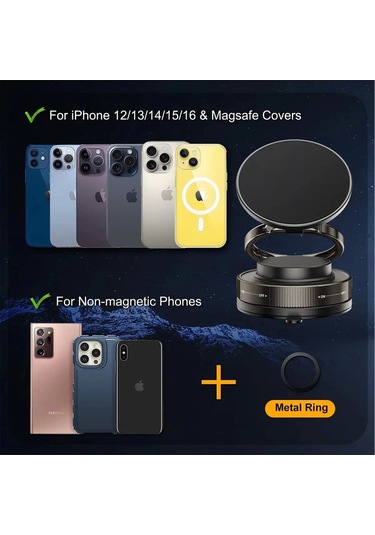 Metalik Magsafe Telefon Tutucu Tüm Yüzeylerle Uyumlu Vakumlu 360 Dönen Oynar Başlık - 9020688886087ynt