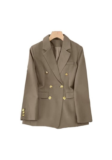 Kadın Blazer Ol Tarzı İşe Gidip Gevşek Düz Renk Kruvaze Uzun Kollu Yaka Çentik Yaka Cepler Resmi İş Ceket Haki