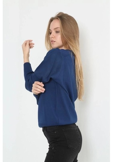 Alfanora Unisex Uzun Kol V Yaka Triko Kazak - Indigo Indigo
