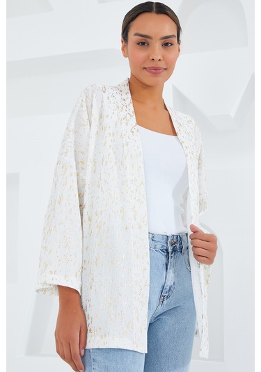 Bigdart Kadın Ekru Varaklı Örme Kimono 5925 001