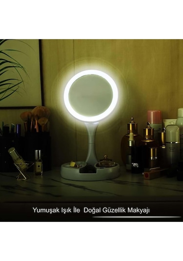 10x Büyütme Çift Taraflı Makyaj Ayna Katlanabilir 21 Led Işıklı Makyaj Aynası Usb Kablo Beyaz