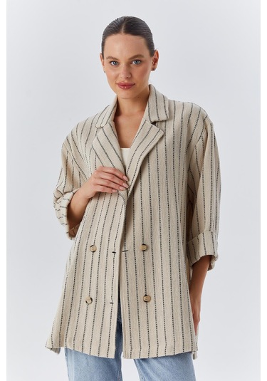 4550 Kadın Yanları Yırtmaçlı Keten Uzun Ceket Naturel Naturel