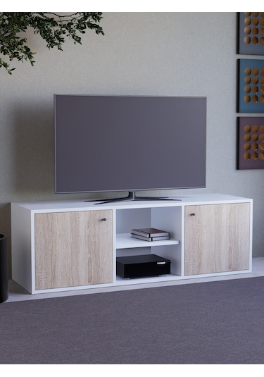 Detamob Beyaz Tv Ünitesi, 2 Kapaklı Raflı Tv Sehpası - 138cm Mdf Meşe