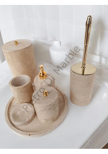 Sarı Traverten Klasik Model 7 Parça Gold Renk Düğme Aksesuarlı Banyo Seti Sarı Traverten