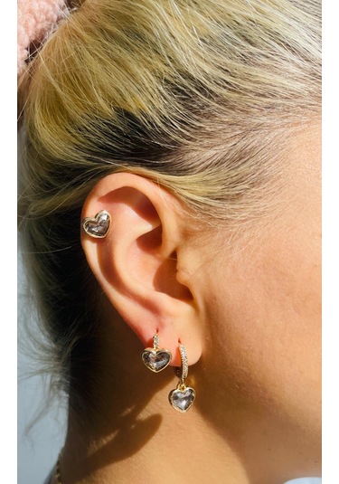 Zirkon Taşlı Kalp Detay Çelik Küpe Altın