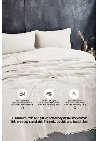 %100 Pamuk Müslin Yatak Örtüsü Seti Tek Kişilik 4 Kat Yumuşak Müslin Pike Takımı Battaniye Krem Krem