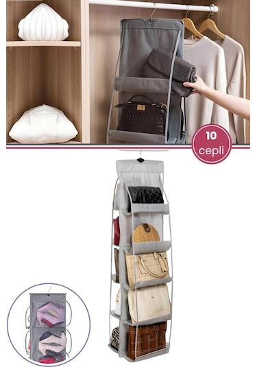 Çanta Ve Ayakkabı Düzenleyici 10 Cepli, Dolap İçi Askılı Pencereli Çanta Cüzdan Ayakkabı Organizer Şeffaf