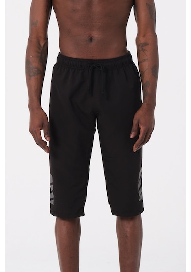 Siyah Büyük Beden Diz Altı Uzun Boy Basic Model Su İtici Özellikli Erkek Plaj Deniz Kapri Şort 001