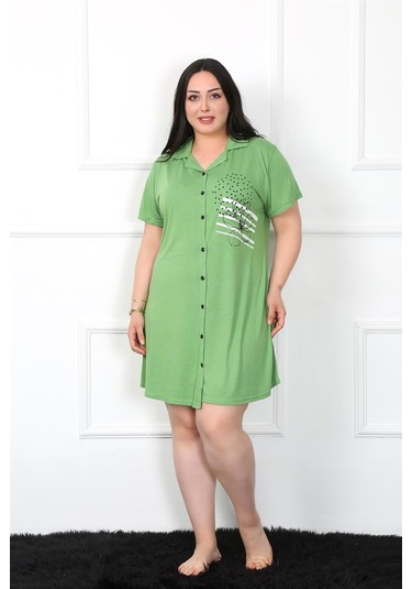 Akbeniz Büyük Beden Penye Düğmeli Yeşil Tunik Gecelik 1025-yeşil Yeşil
