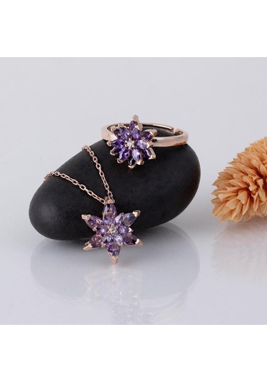 Gümüş Pazarım Ametist Taşlı Lotus Çiçeği Gümüş Kolye Yüzük Set Gümüş