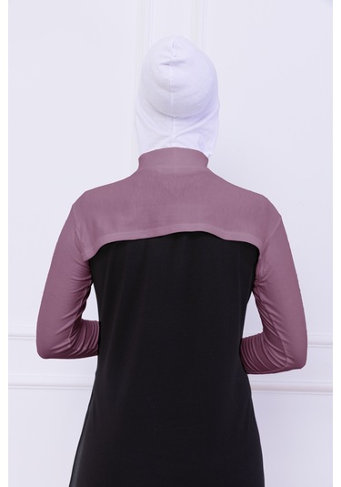 Balıkçı Yaka Boyunluklu Kolluk Gül Kurusu Pembe - Likralı Dik Yakalı Kadın Body Tesettür Crop Bolero Gül Kurusu