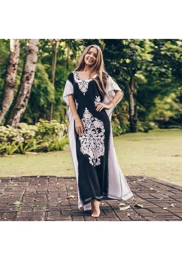 Edolynsa Kadın V Yaka Etnik Baskı Kaftan Siyah
