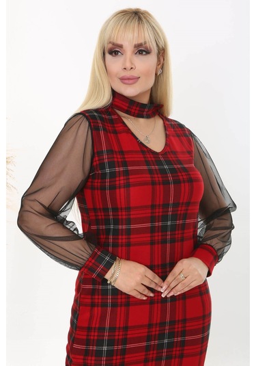 Kadın Kırmızı Siyah Ekose Desen Yaka Detay Tül Kol Büyük Beden Esnek Süet Elbise Kırmızı