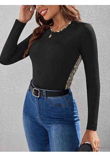 Kadın Uzun Kollu Leopar Şeritli Viskon Bluz Siyah