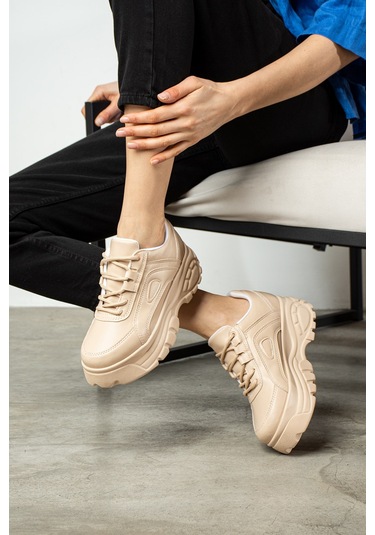 Günlük Kadın Spor Ayakkabı Yüksek Kalın Taban 6 Cm Suni Deri Sneaker 001 Bej