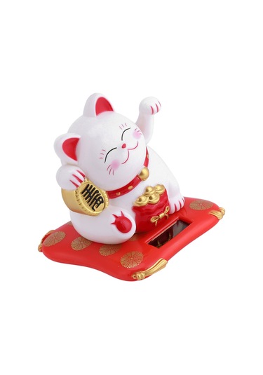 Shineyee Güneş Enerjili Otomatik Ellik Kedi Araba Süsü, Şans Ve Mutluluk Simgesi, Plastik Materyal, Beyaz Renk