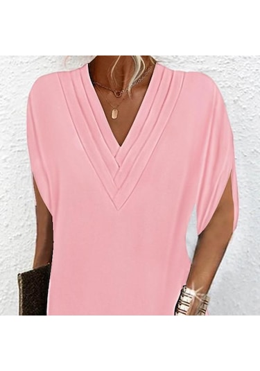 Kadın Elbise V Yaka Pilili Yarım Yarasa Kollu Düz Renk Gevşek Yumuşak Nefes İşe Gidip Diz Üstü Mini Elbise Siyah