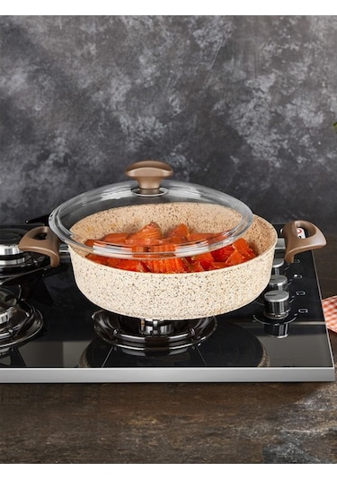 Falez Creamy Granitec 24 CM Kısa Granit Tencere Karnıyarık Krem