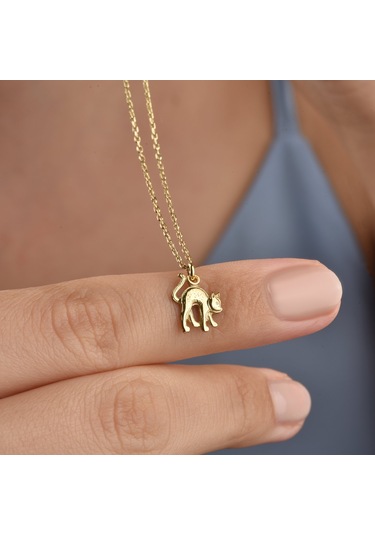 14 Ayar Mikron Altın Kaplama Minimal Kedi Figürlü Kolye El Yapımı Zarif Tasarım - Cn00475 Altın