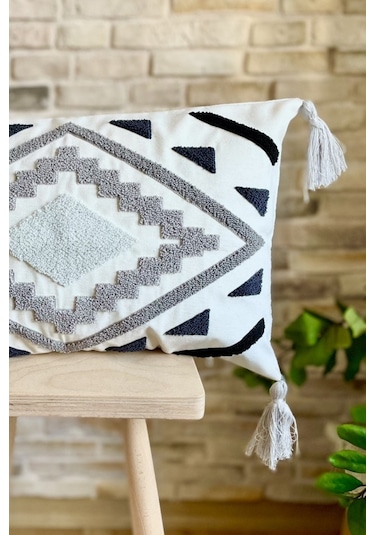 Swita Home Punch İşlemeli Tekli Dekoratif Özel Tasarım Kırlent Kılıfı Panç Koyu Gri