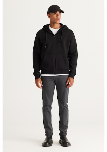 AC&Co / Altınyıldız Classics Standart Fit Normal Kesim Kapüşonlu Fermuarlı Erkek Sweatshirt - Siyah