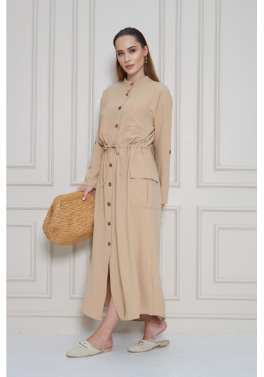 Kadın Yeni Sezon Krep Cepli Uzun Katlanabilir Kollu Büzgülü Elbise Yazlık Günlük Giyçık Bej