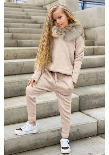 Riccotarz Kız Çocuk Yakası Çıkarılabilir Kürklü Kazak Çift Cepli Triko Ekru Alt Üst Takım Ekru