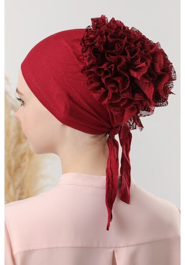 Tesettür Fırfırlı Bone Bordo Bordo