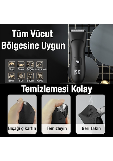 Ezere Su Geçirmez Dijital Göstergeli Saç Sakal Vücut Tıraş Makinesi