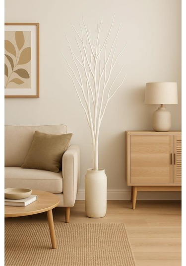 Gerçek Kurutulmuş Ağaç Dalı Demeti Beyaz El Boyaması 100 Cm