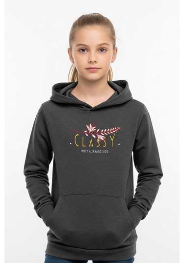 Kanguru Cepli Kapüşonlu Kız Çocuk Sweatshirt Classy Yazı Baskılı Füme