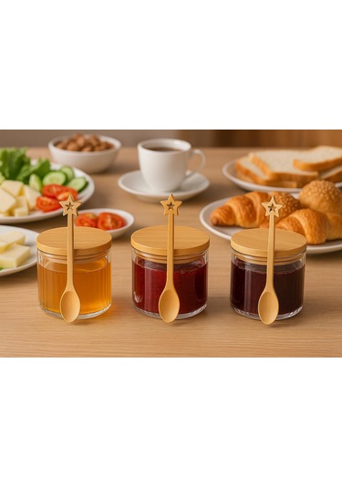 3 Lü Bambu Kasıklı Bambu Kapaklı Borosılıkat Cam Kahvaltılık 90 X 60 Seti Beyaz