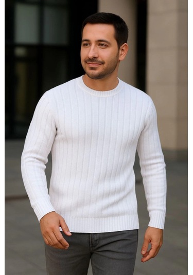 Erkek Bisiklet Yuvarlak Yaka Triko Kazak Pamuklu Kalın Fitilli Dokuma, Regular Fit Uzun Kollu Kışlık Model - Beyaz Beyaz