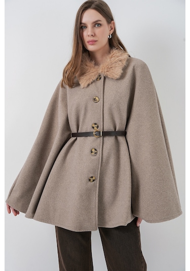 Kadın Kemerli Kaşe Panço 9165 - Taş Taş