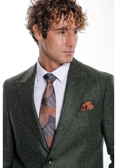 Kazayağı Desenli Yün Yeşil Erkek Ceket Taba