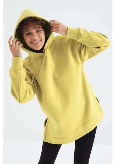 Tommy Life Limon Reglan Kol Basic Kapüşonlu Oversize Sweatshirt Tunik - 97242 Limon Sarısı