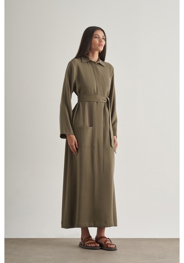 Mizalle Modal Karışımlı Kuşaklı Haki Uzun Gömlek Elbise Haki