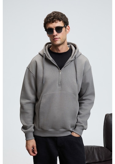 JUSTUS Erkek Kapüşonlu Kanguru Cepli Fermuar Yakalı Koyu Gri Sweatshirt