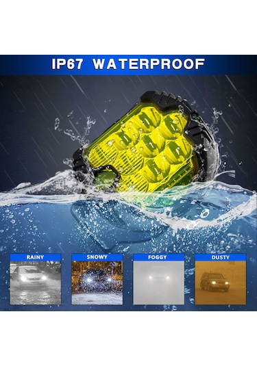 Vkemall 3 İnç Suv Led Farı Sarı Işık, Tek Adet - Orta Beyaz Sürekli, Yan Sarı Sürekli Ve Yan Sarı Parıltı Modları, 75w 15000lm, Ip67 Su Geçirmez