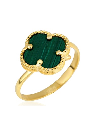 14k Altın Kaplamalı 925 Ayar Gümüş Granada Saray Yoncası Yüzük - Yeşil 34025200 Altın