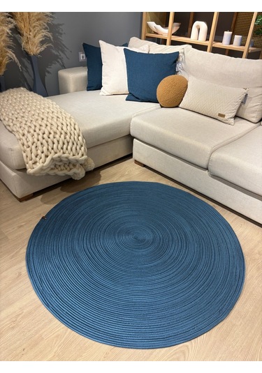 Jüt Yuvarlak Hasır Görünümlü Klasik Halı Kilim Mavi