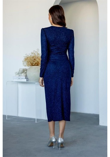 Kadın Büzgü Detaylı Simli Gece Elbisesi Dpnbmy3633 Mavi