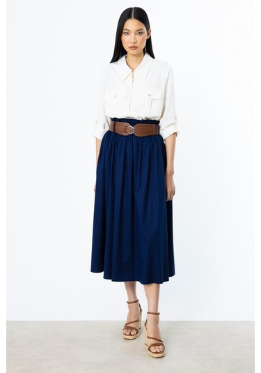 Ekol Yüksek Bel Kemerli Karışım Kumaş Etek-5654 Lacivert