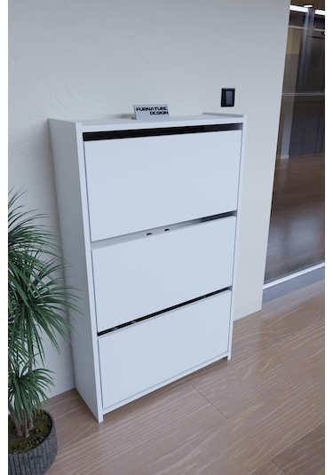 Düşer Kapak Duvara Monte Kayar 3 Raflı Ayakkabılık - Beyaz Diğer